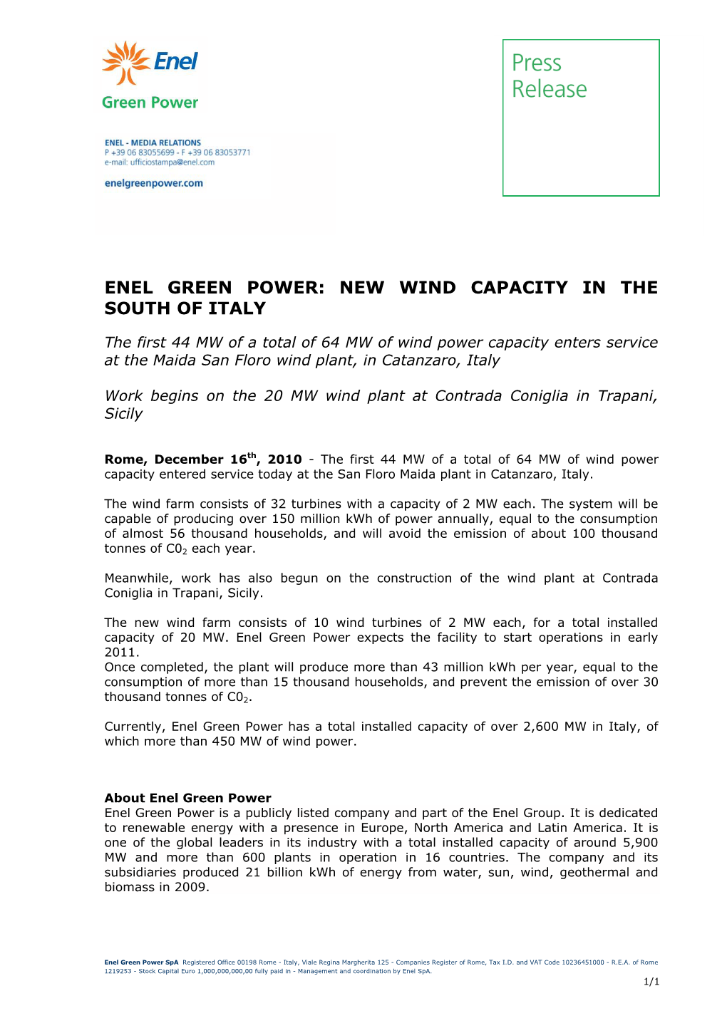 Enel Green Power: New Wind Capacity in the South of Italy