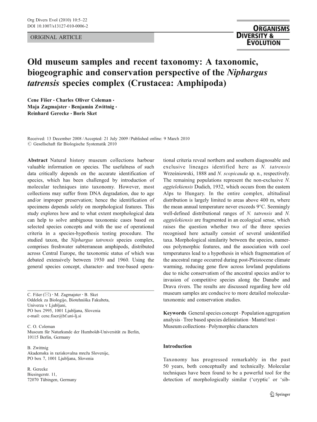 A Taxonomic, Biogeographic and Conservation Perspective of the Niphargus Tatrensis Species Complex (Crustacea: Amphipoda)