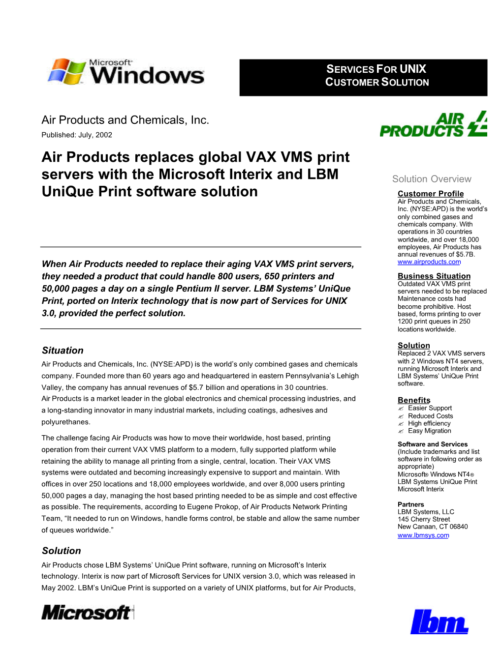 Air Products Replaces Global VAX VMS Print Servers with the Microsoft