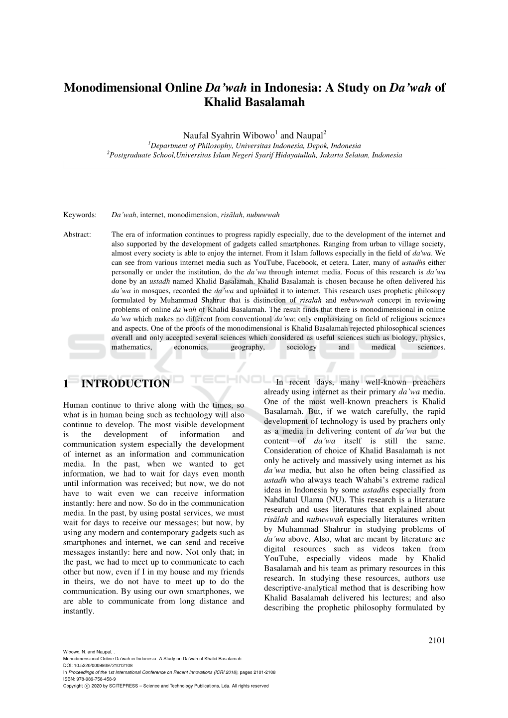 Monodimensional Online Da'wah in Indonesia: a Study on Da'wah of Khalid Basalamah