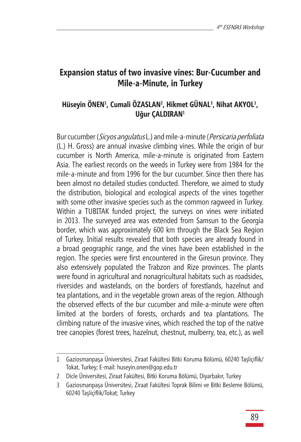 Expansion Status of Two Invasive Vines: Bur-Cucumber and Mile-A-Minute, in Turkey