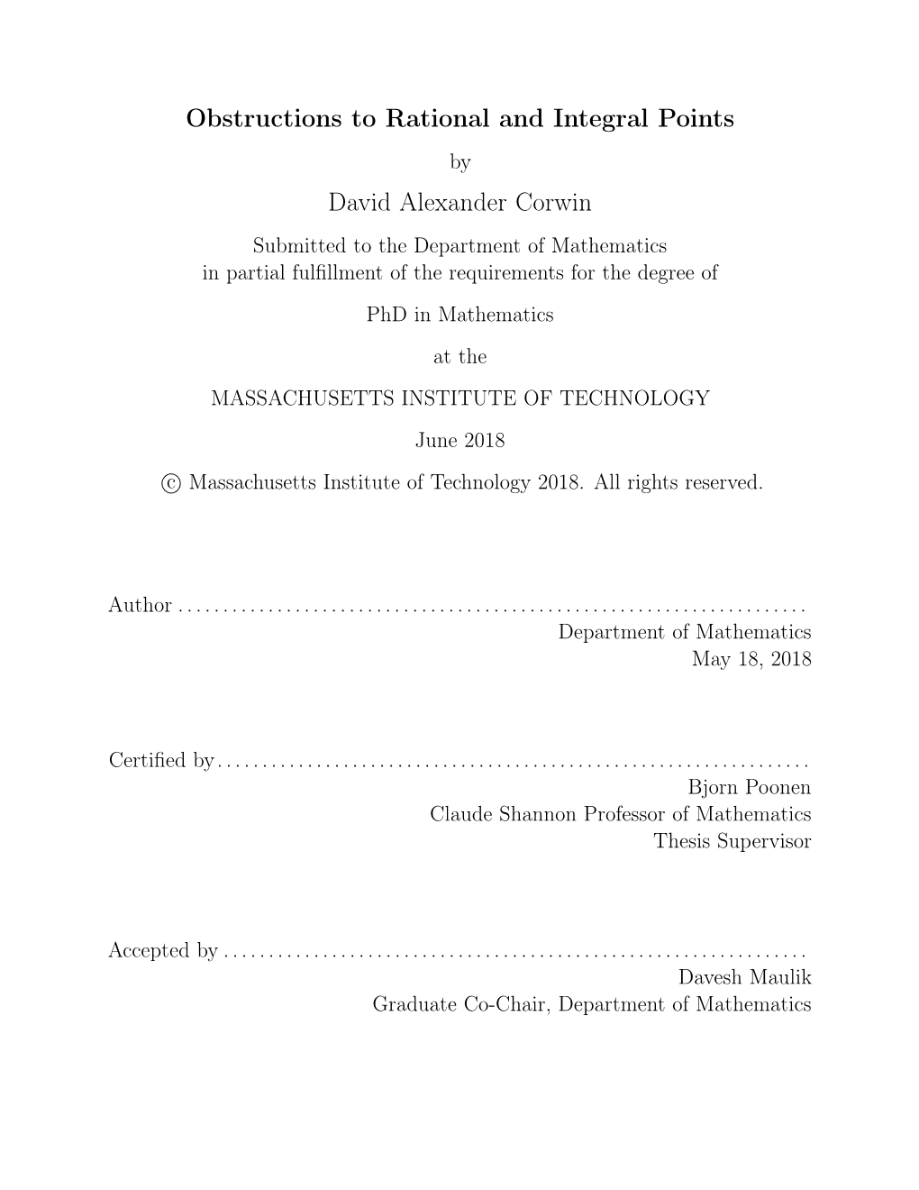 Obstructions to Rational and Integral Points David Alexander Corwin