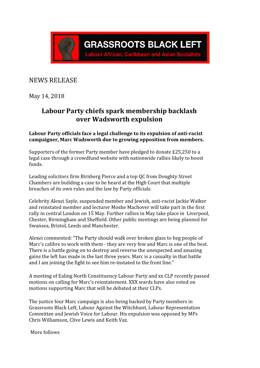 NEWS RELEASE Labour Party Chiefs Spark Membership Backlash Over