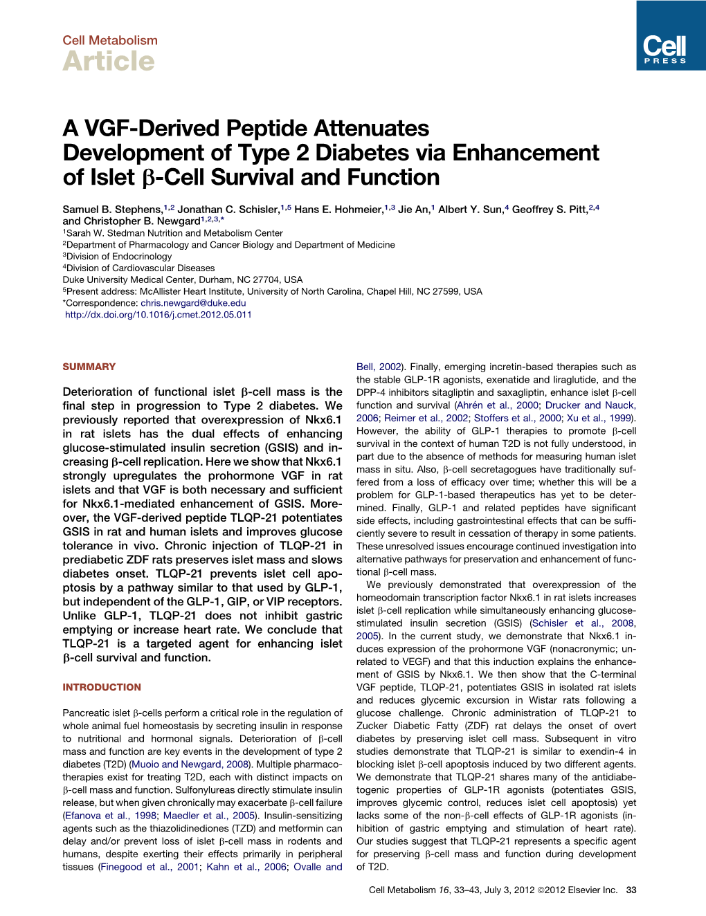 A VGF-Derived Peptide Attenuates Development of Type 2 Diabetes Via Enhancement of Islet B-Cell Survival and Function