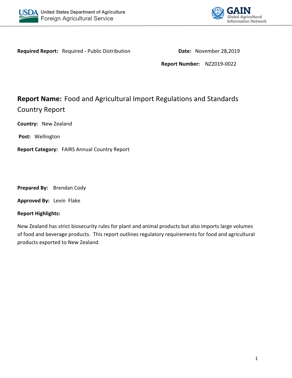 Report Name: Food and Agricultural Import Regulations and Standards Country Report