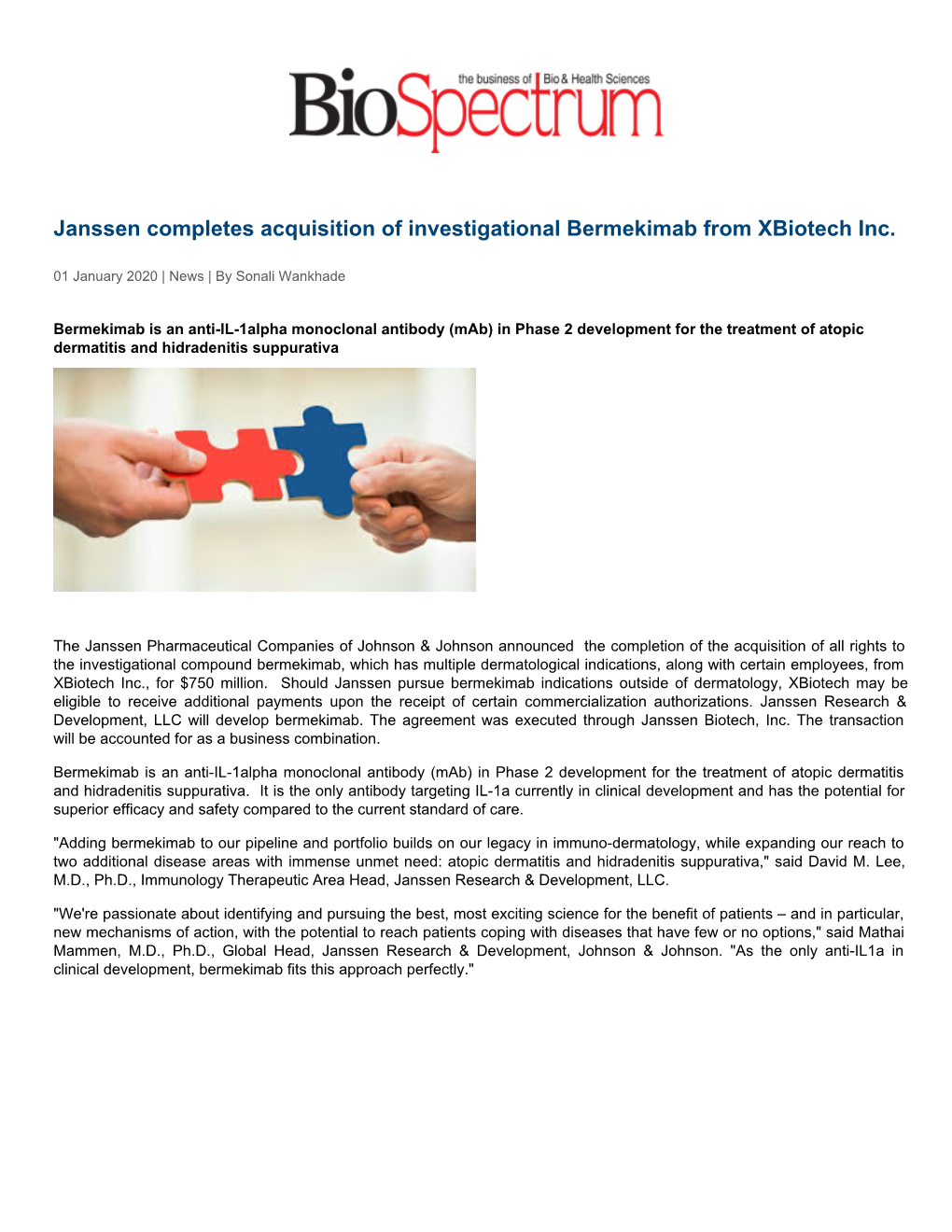 Janssen Completes Acquisition of Investigational Bermekimab from Xbiotech Inc