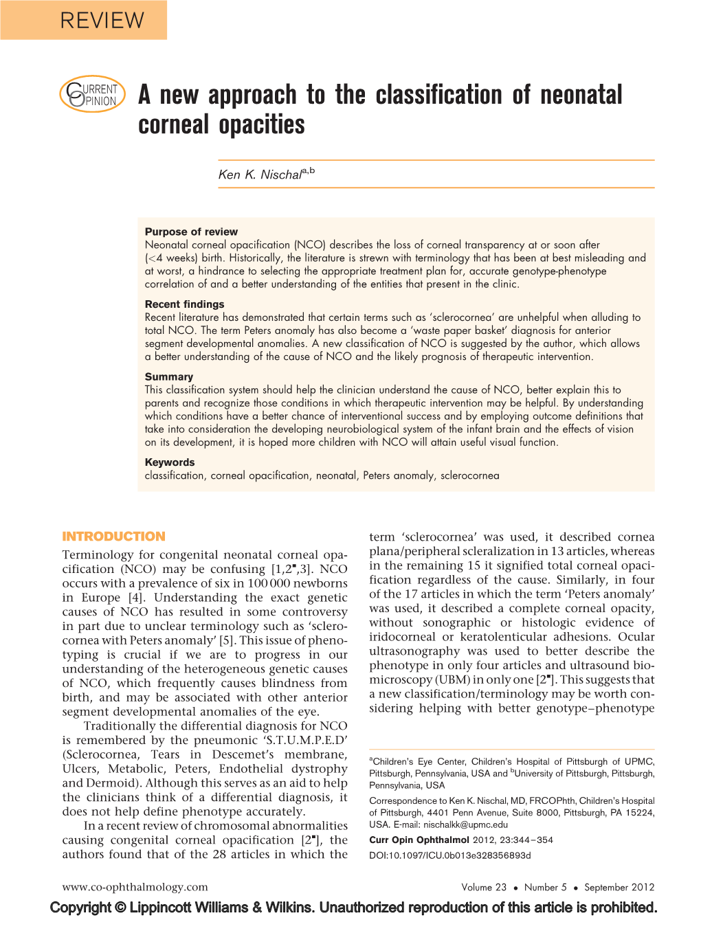 A New Approach to the Classification of Neonatal Corneal Opacities