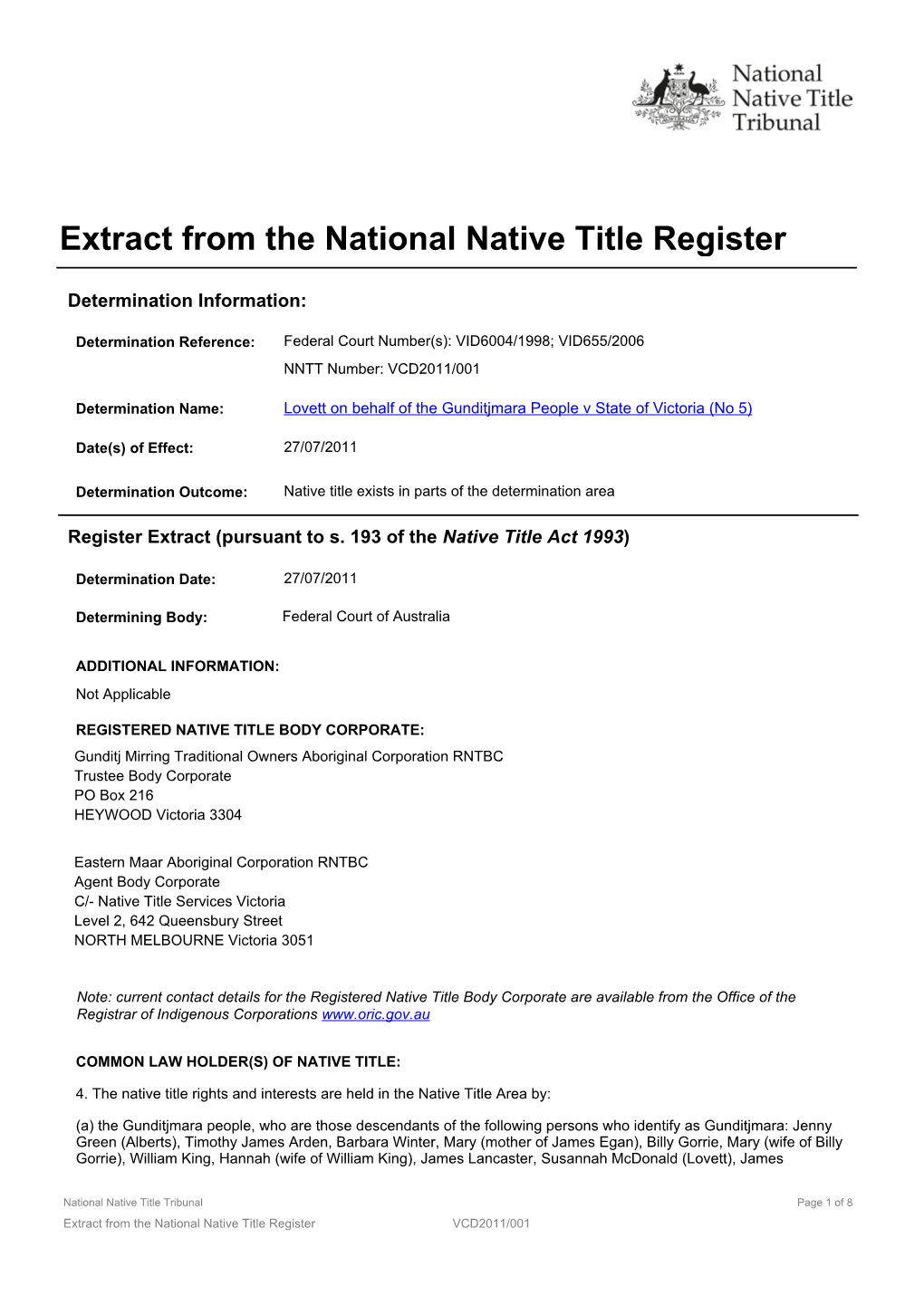 Extract from the National Native Title Register