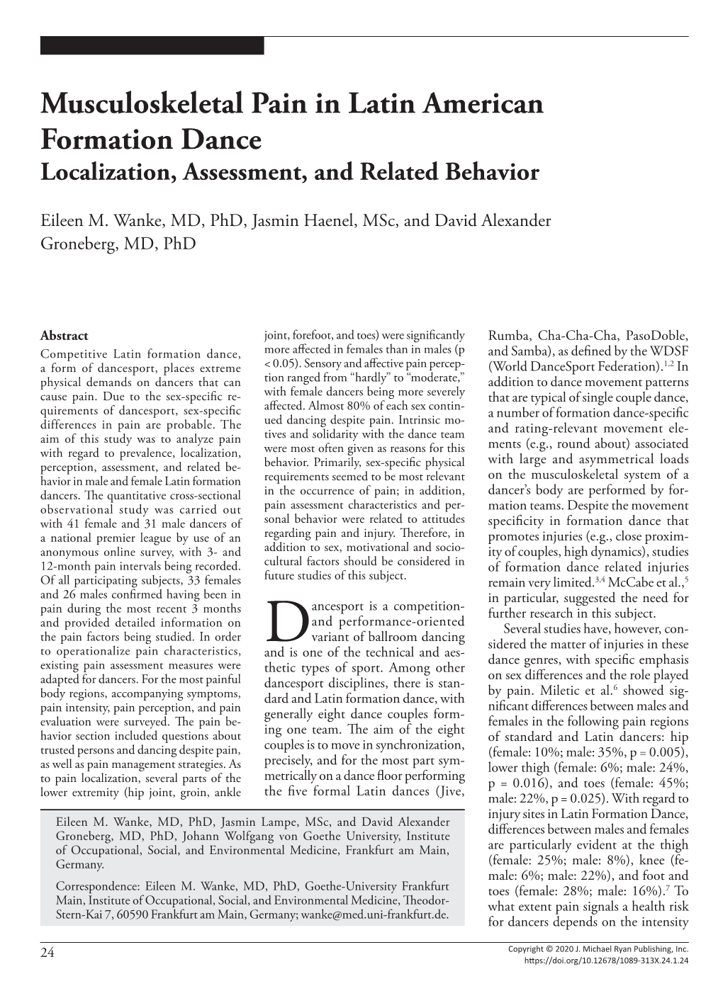 Musculoskeletal Pain in Latin American Formation Dance Localization, Assessment, and Related Behavior