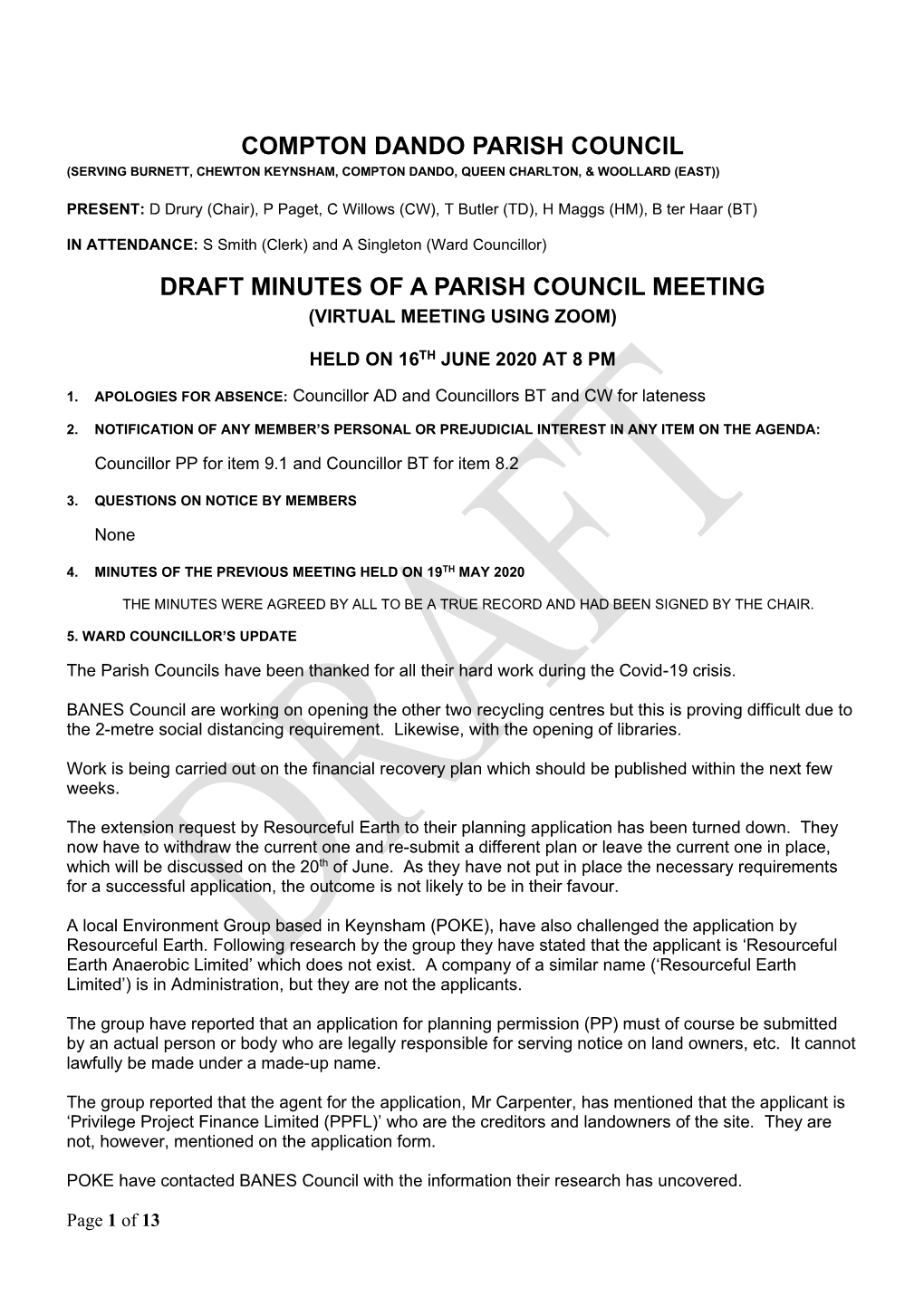 Compton Dando Parish Council Draft Minutes of A