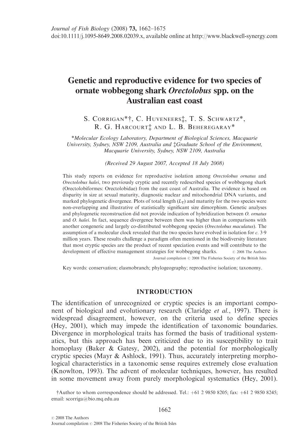 Genetic and Reproductive Evidence for Two Species of Ornate Wobbegong Shark Orectolobus Spp