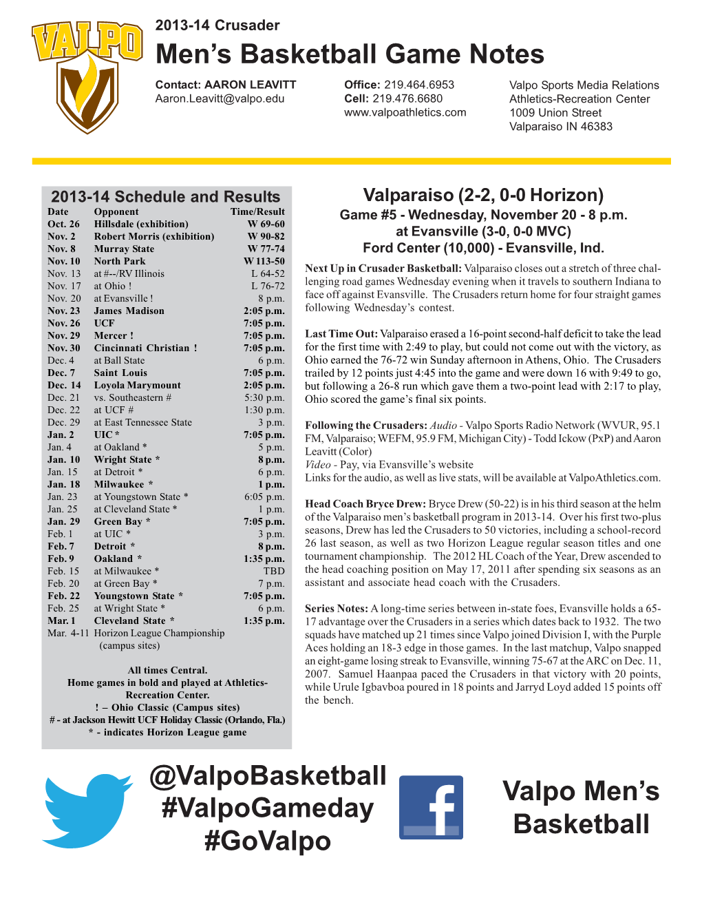 Men's Basketball Game Notes @Valpobasketball Valpo Men's