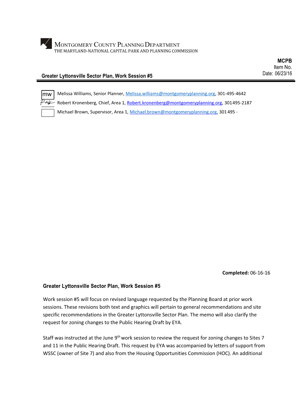 Greater Lyttonsville Sector Plan, Work Session #5 Completed