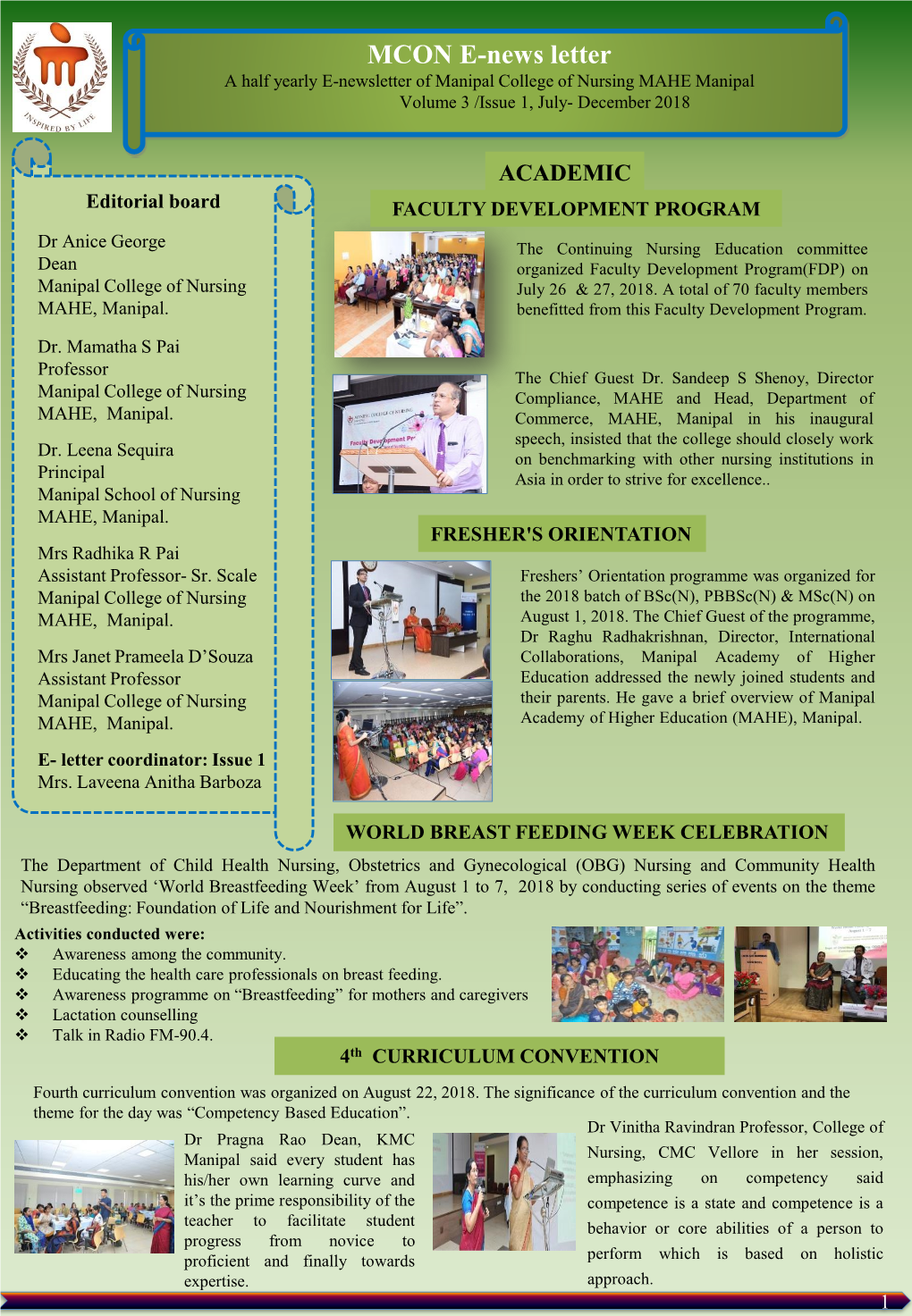 MCON E-News Letter a Half Yearly E-Newsletter of Manipal College of Nursing MAHE Manipal Volume 3 /Issue 1, July- December 2018