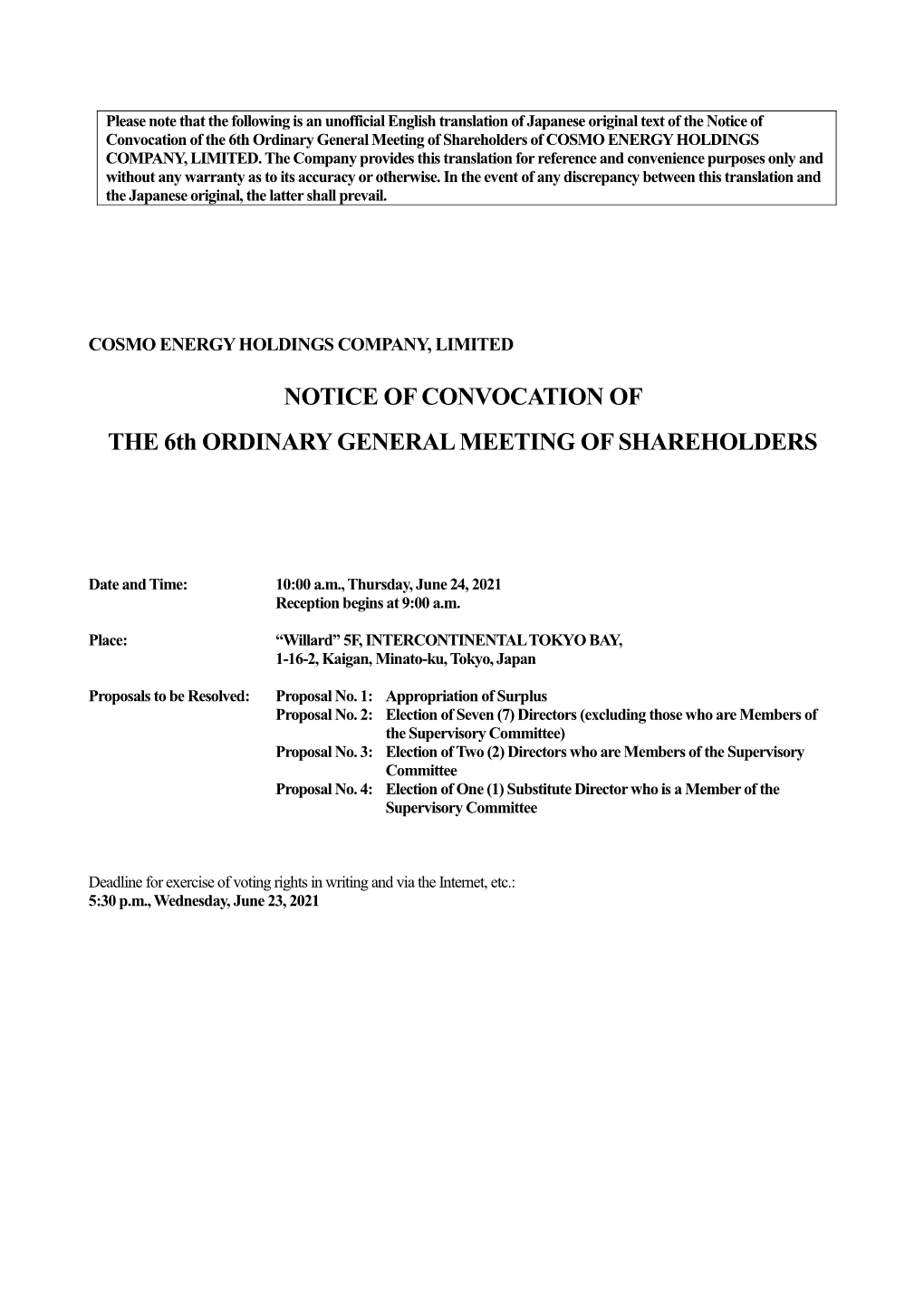 Notice of Convocation of the 6Th Ordinary General Meeting of Shareholders of COSMO ENERGY HOLDINGS COMPANY, LIMITED