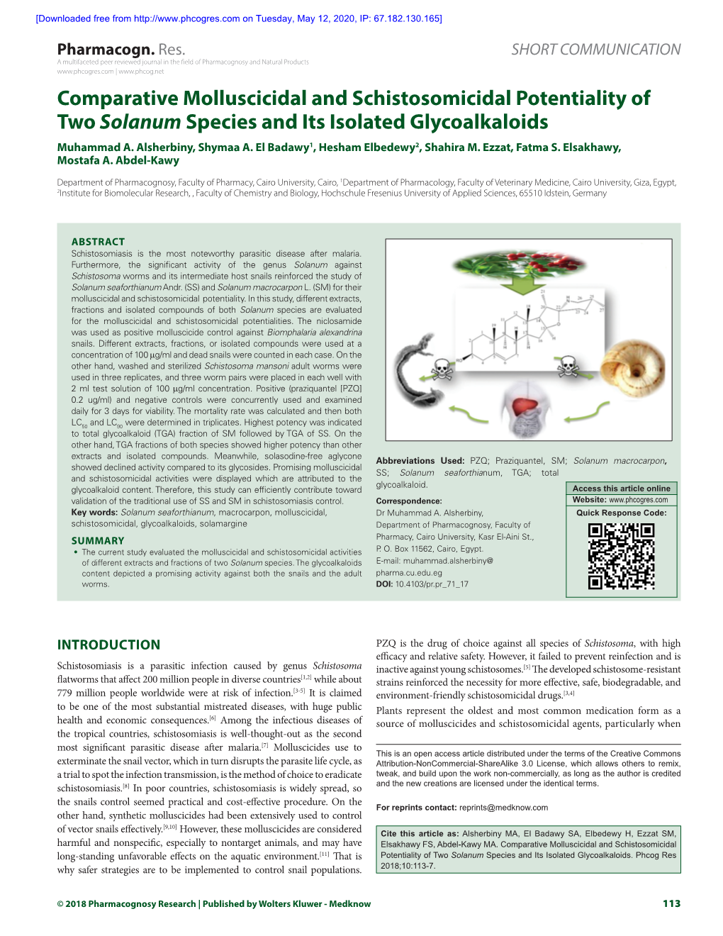 Comparative Molluscicidal and Schistosomicidal Potentiality of Two Solanum Species and Its Isolated Glycoalkaloids Muhammad A