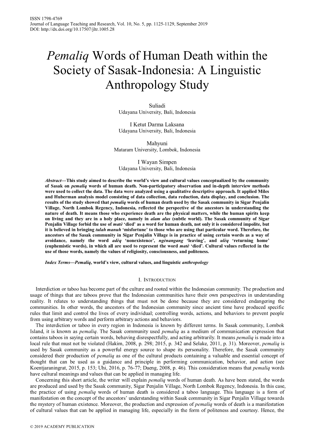 Pemaliq Words of Human Death Within the Society of Sasak-Indonesia: a Linguistic Anthropology Study