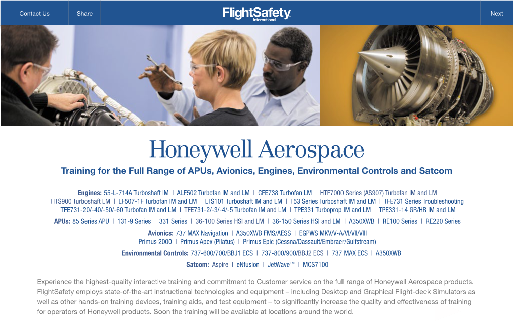 Honeywell Aerospace Training for the Full Range of Apus, Avionics, Engines, Environmental Controls and Satcom