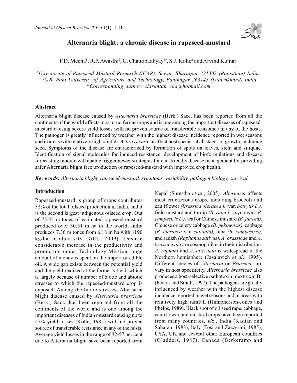 Alternaria Blight: a Chronic Disease in Rapeseed-Mustard