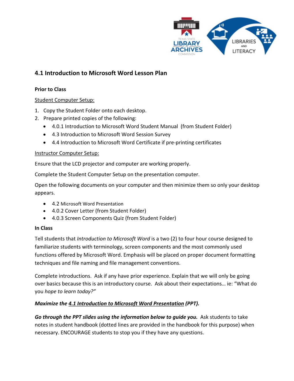 4.1 Introduction to Microsoft Word Lesson Plan