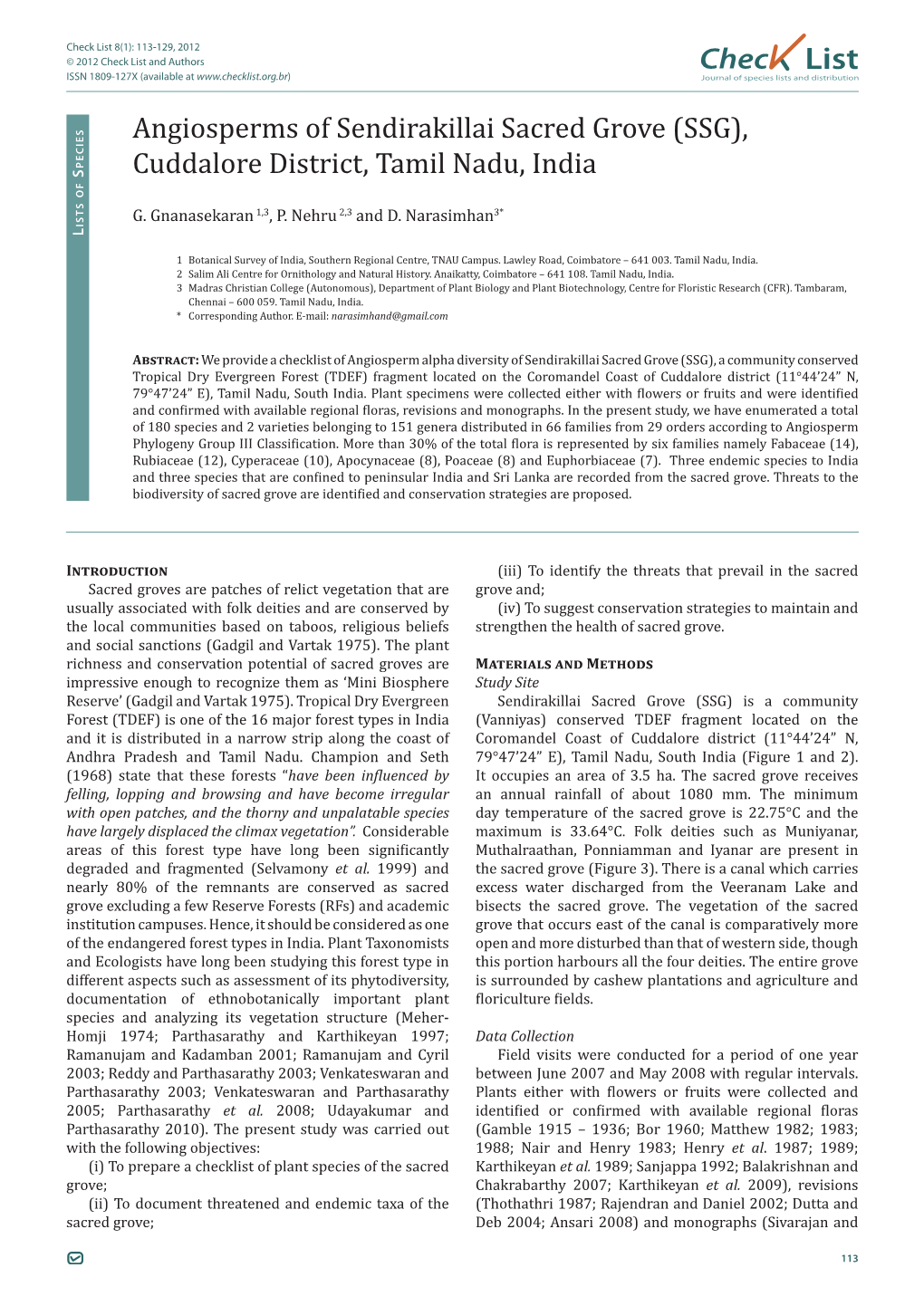 Check List 8(1): 113-129, 2012 © 2012 Check List and Authors Chec List ISSN 1809-127X (Available at Journal of Species Lists and Distribution