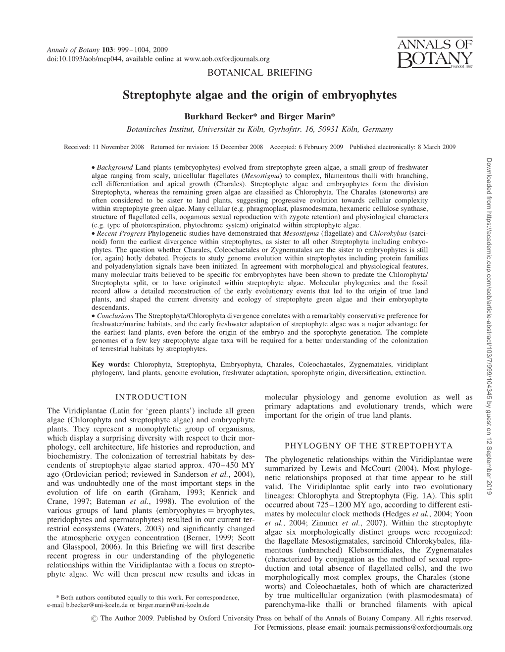 Streptophyte Algae and the Origin of Embryophytes