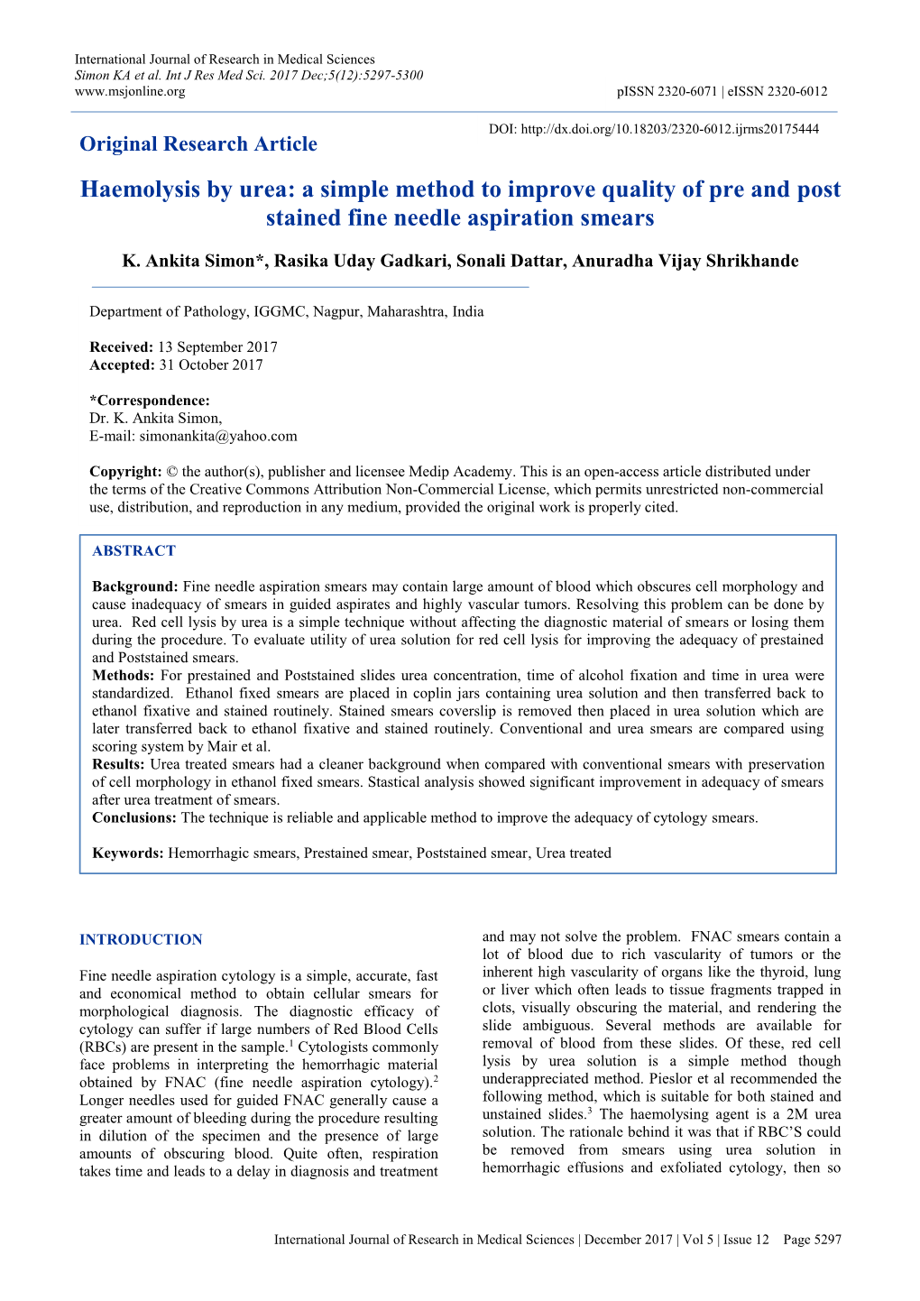 Haemolysis by Urea: a Simple Method to Improve Quality of Pre and Post Stained Fine Needle Aspiration Smears