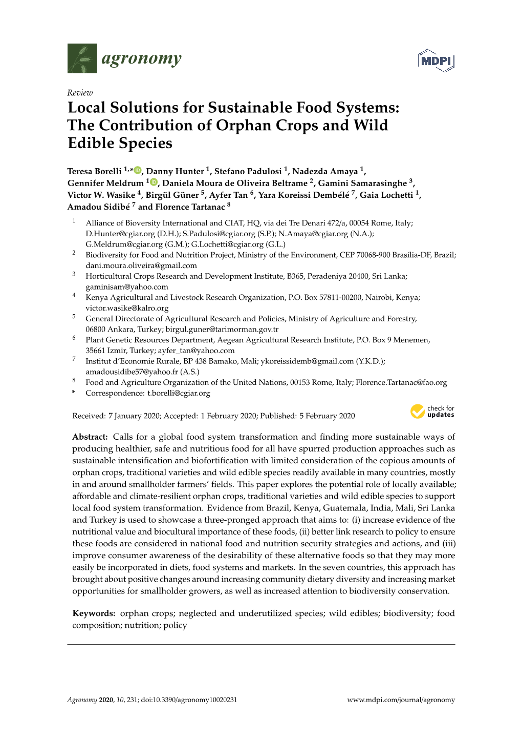 Local Solutions for Sustainable Food Systems: the Contribution of Orphan Crops and Wild Edible Species
