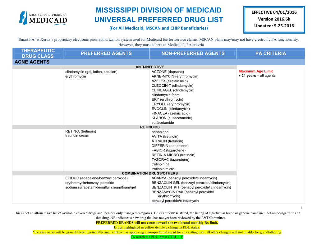 Mississippi Division of Medicaid Universal Preferred Drug
