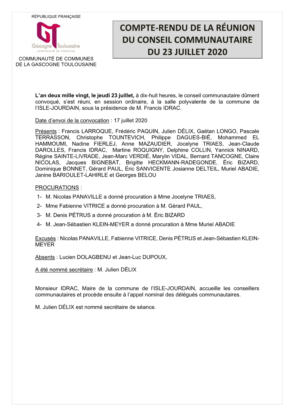 Compte-Rendu De La Réunion Du Conseil Communautaire Du 23 Juillet