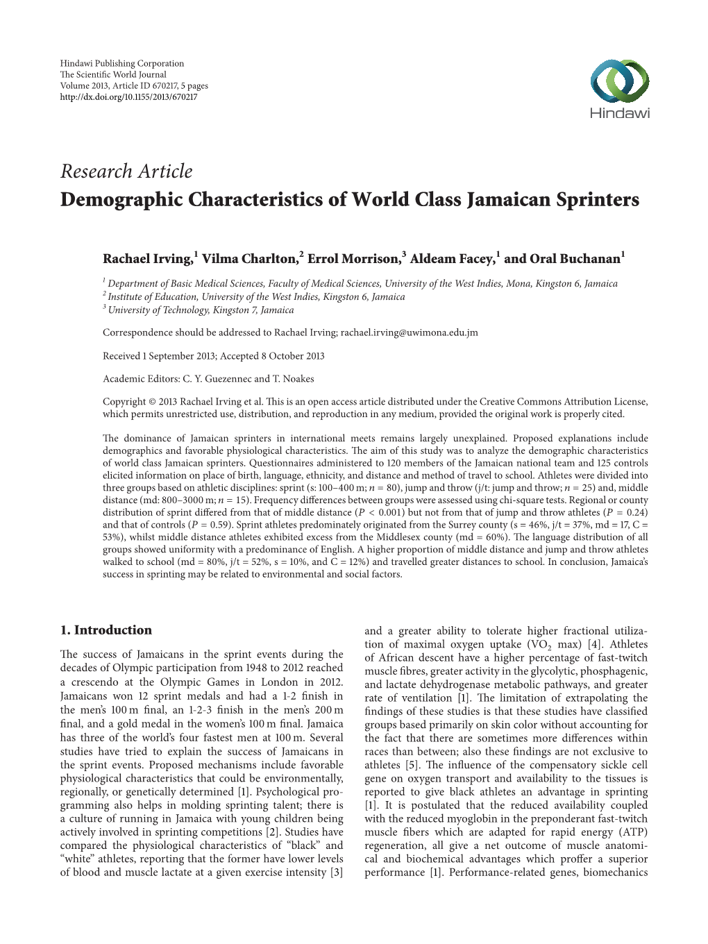 Research Article Demographic Characteristics of World Class Jamaican Sprinters