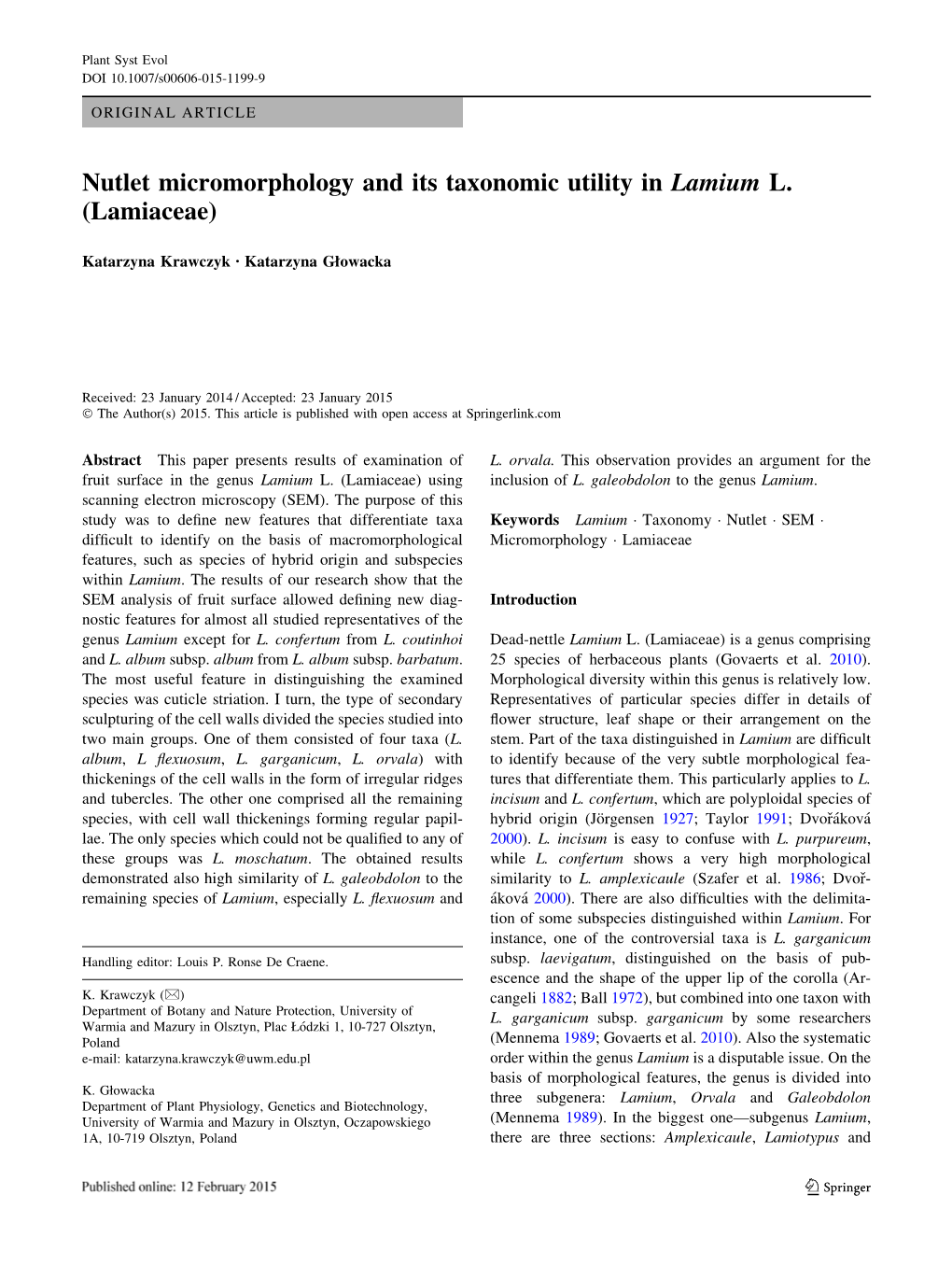 Nutlet Micromorphology and Its Taxonomic Utility in Lamium L