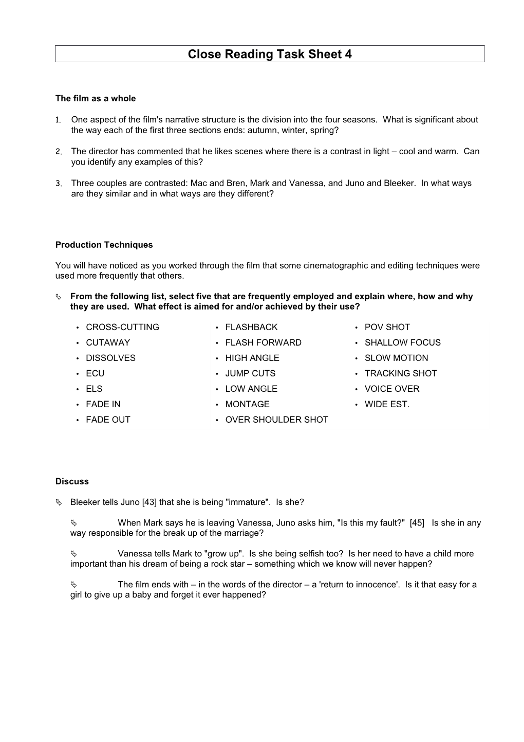 Close Reading Task Sheet 4