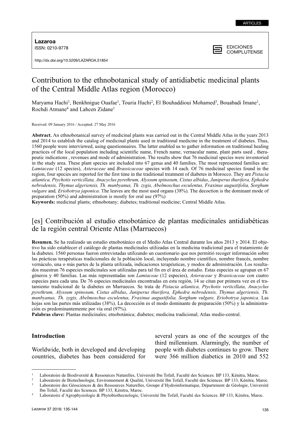 Contribution to the Ethnobotanical Study of Antidiabetic Medicinal Plants of the Central Middle Atlas Region (Morocco)