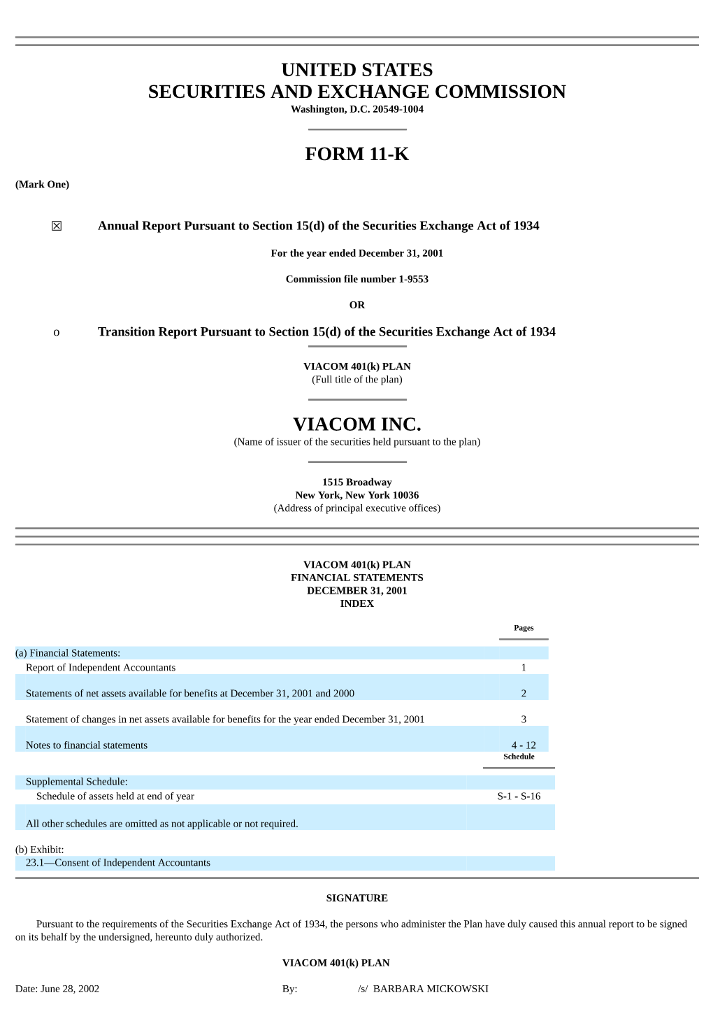 United States Securities and Exchange Commission Form