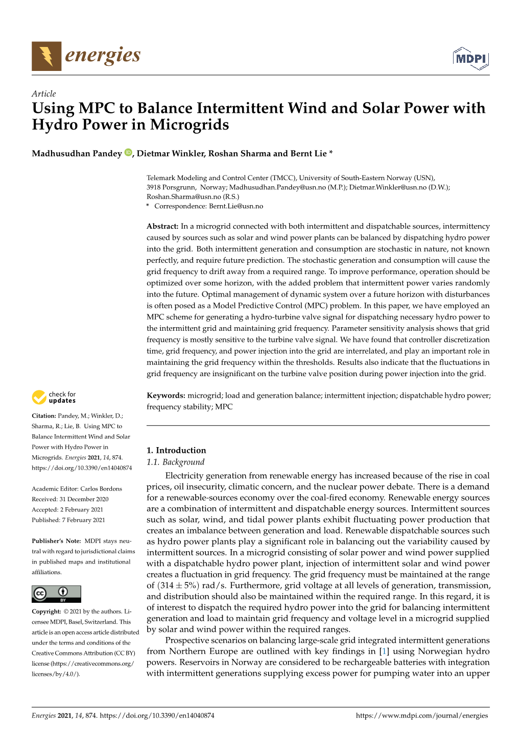 Using MPC to Balance Intermittent Wind and Solar Power with Hydro Power in Microgrids