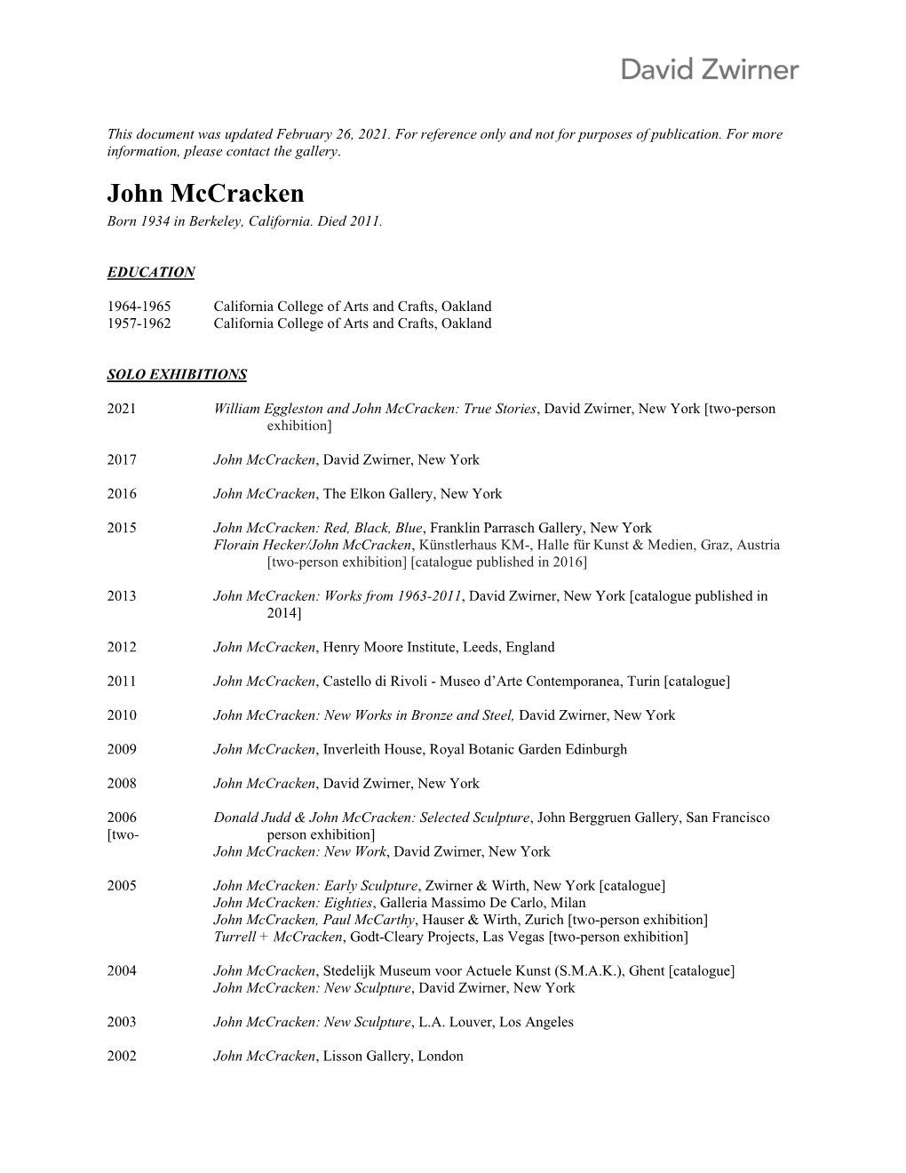 John Mccracken Born 1934 in Berkeley, California