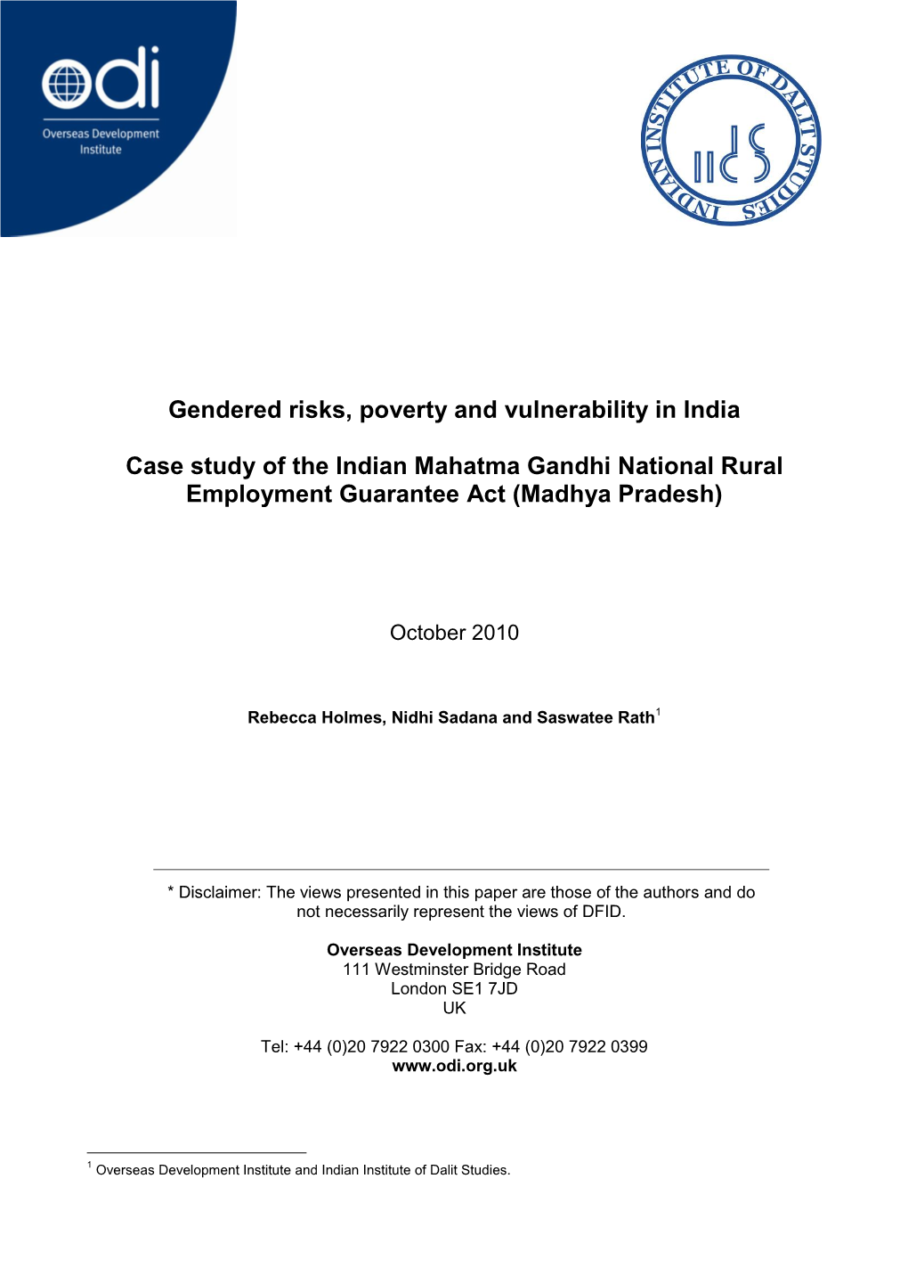 Gendered Risks, Poverty and Vulnerability in India