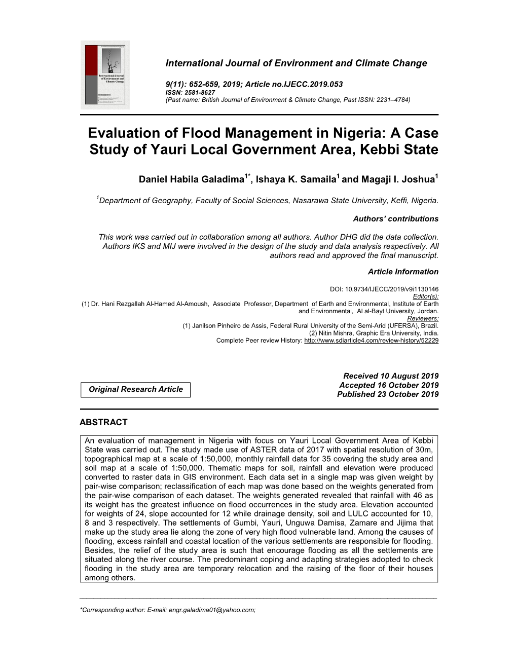 Evaluation of Flood Management in Nigeria: a Case Study of Yauri Local Government Area, Kebbi State