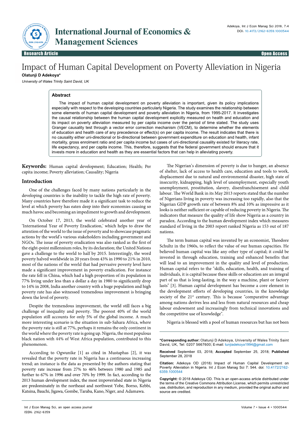 Impact of Human Capital Development on Poverty Alleviation in Nigeria Olatunji D Adekoya* University of Wales Trinity Saint David, UK