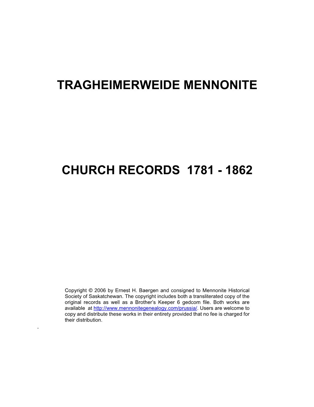 Tragheimerweide Mennonite Church Records 1781 – 1862
