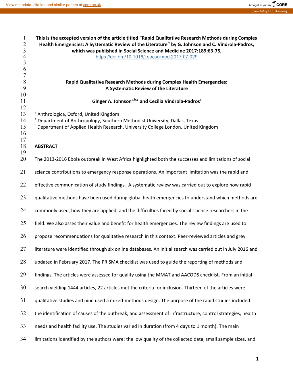 Rapid Qualitative Research Methods During Complex Health Emergencies: 9 a Systematic Review of the Literature 10 11 Ginger A