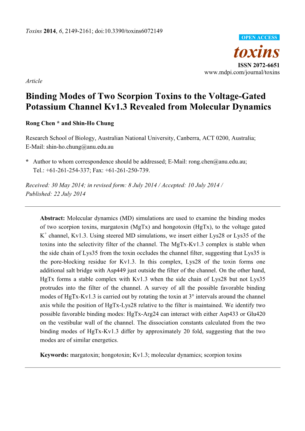 Binding Modes of Two Scorpion Toxins to the Voltage-Gated Potassium Channel Kv1.3 Revealed from Molecular Dynamics