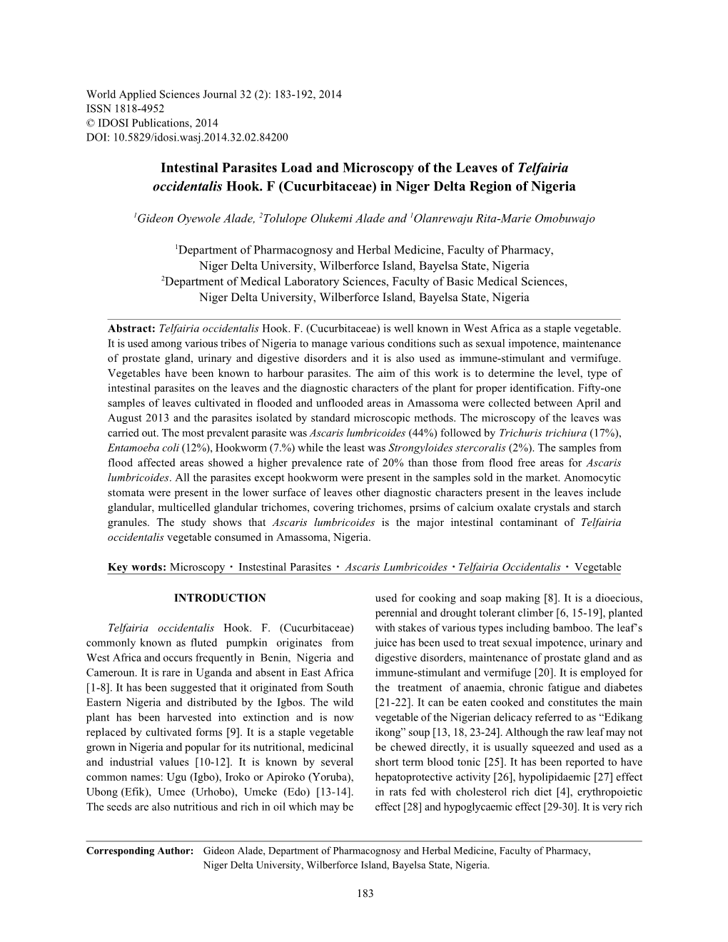 Intestinal Parasites Load and Microscopy of the Leaves of Telfairia Occidentalis Hook