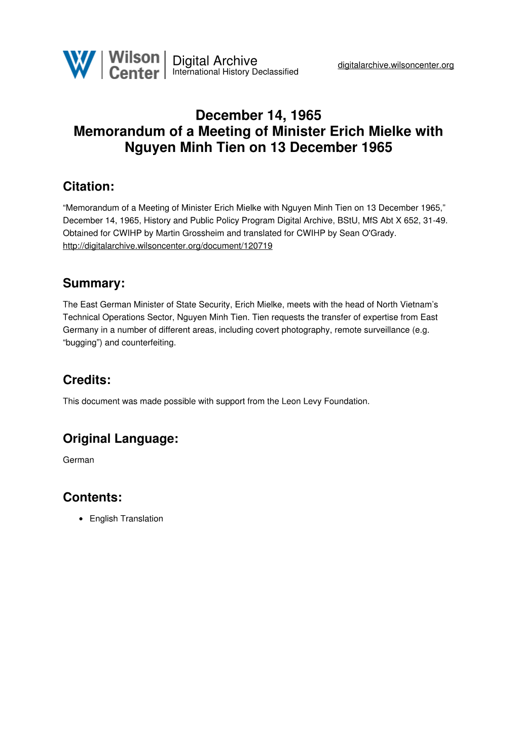 December 14, 1965 Memorandum of a Meeting of Minister Erich Mielke with Nguyen Minh Tien on 13 December 1965