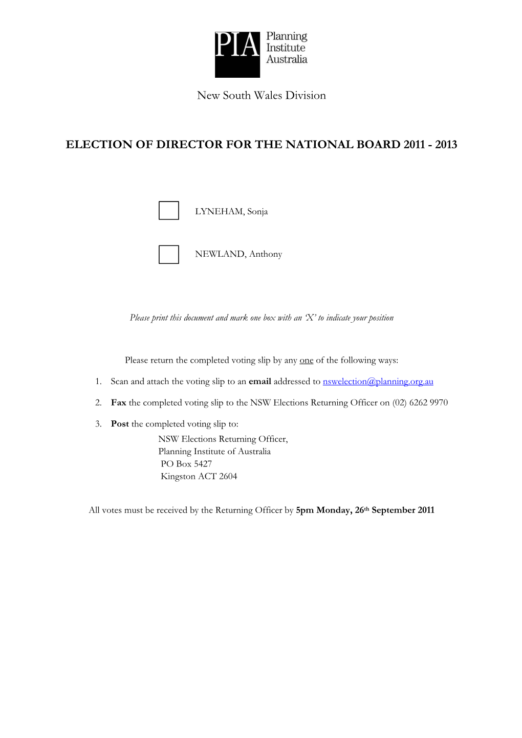 New South Wales Division ELECTION of DIRECTOR for THE