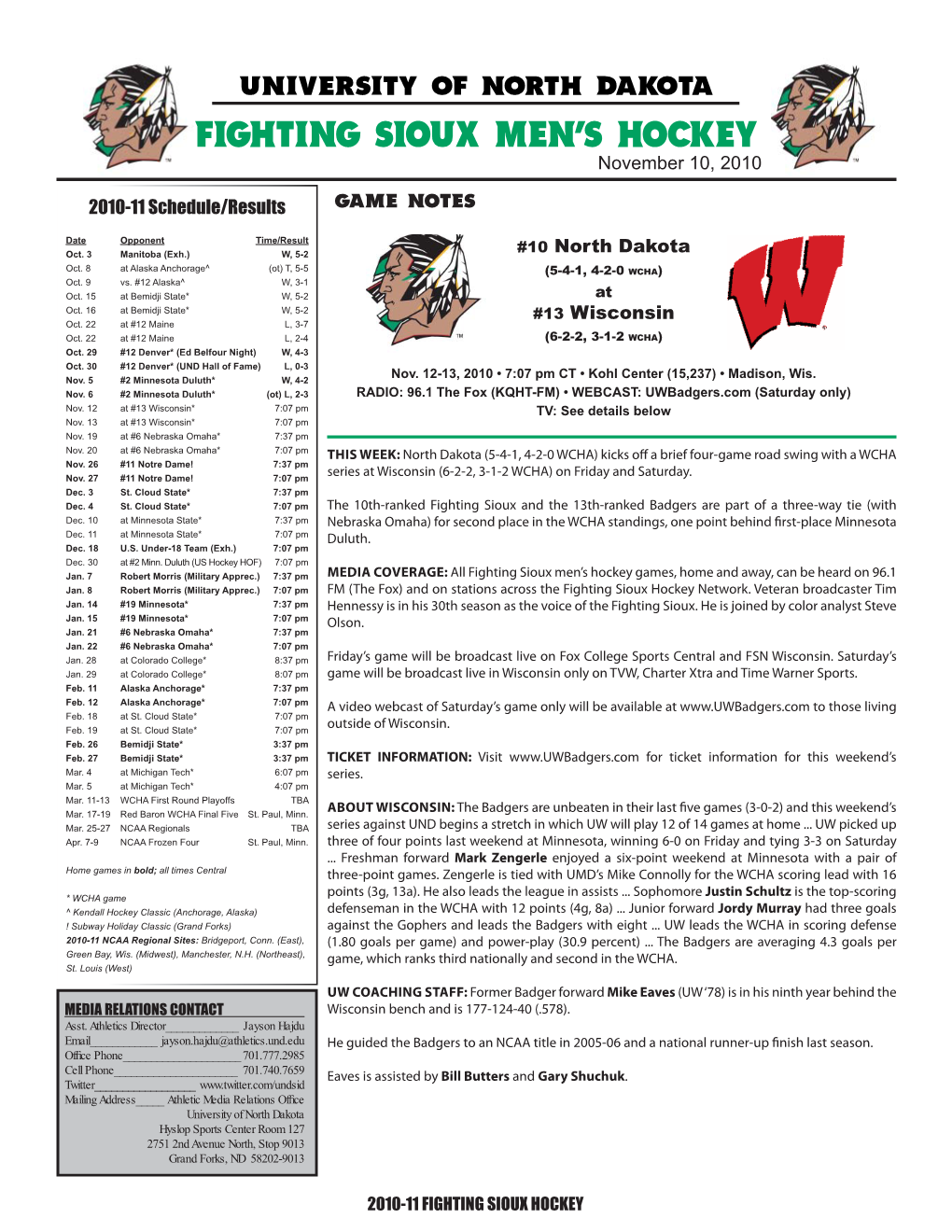 Game Notes 11.12-13.10 at Wisconsin.Indd