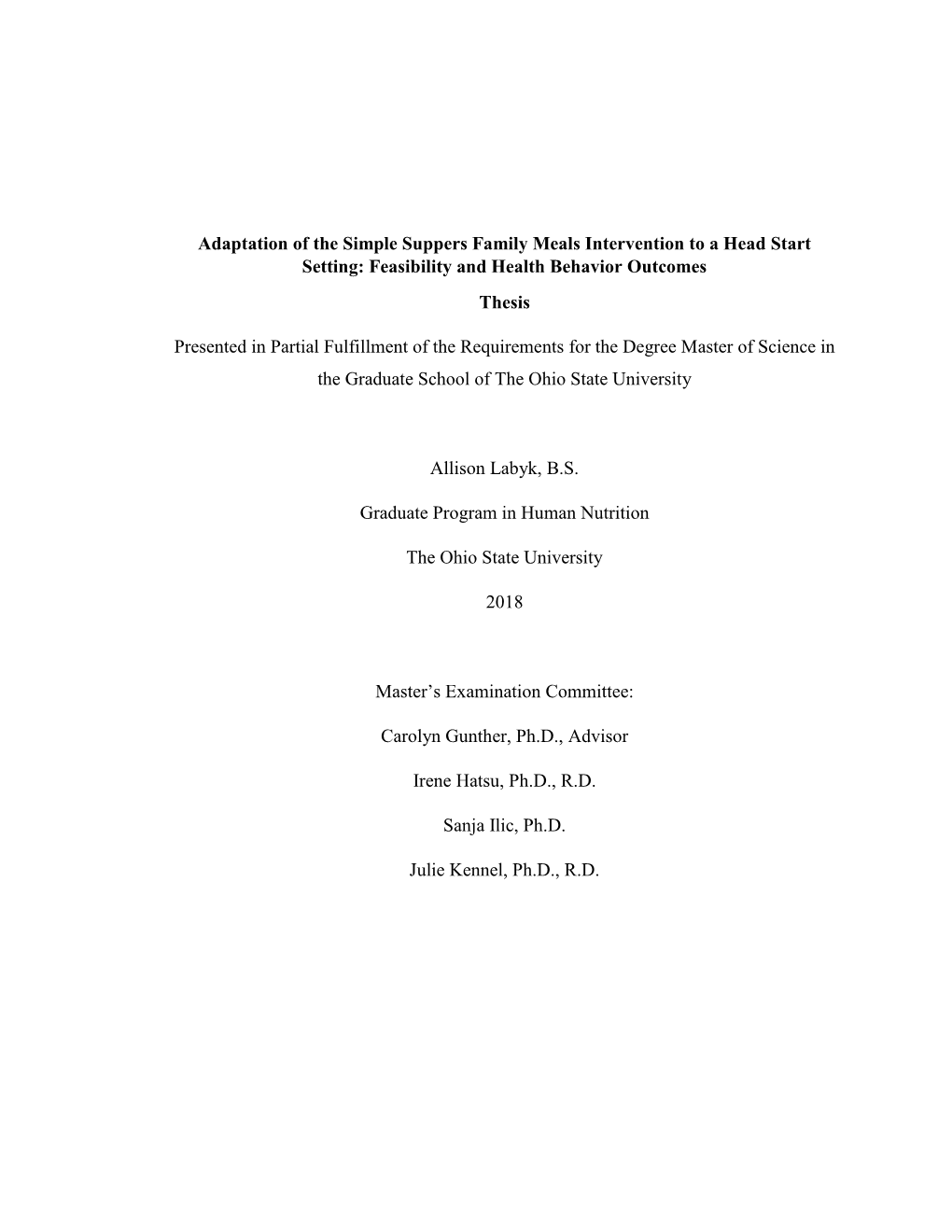 Adaptation of the Simple Suppers Family Meals Intervention to a Head Start Setting: Feasibility and Health Behavior Outcomes Thesis