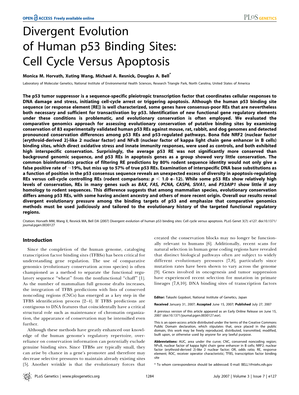 Divergent Evolution of Human P53 Binding Sites: Cell Cycle Versus Apoptosis