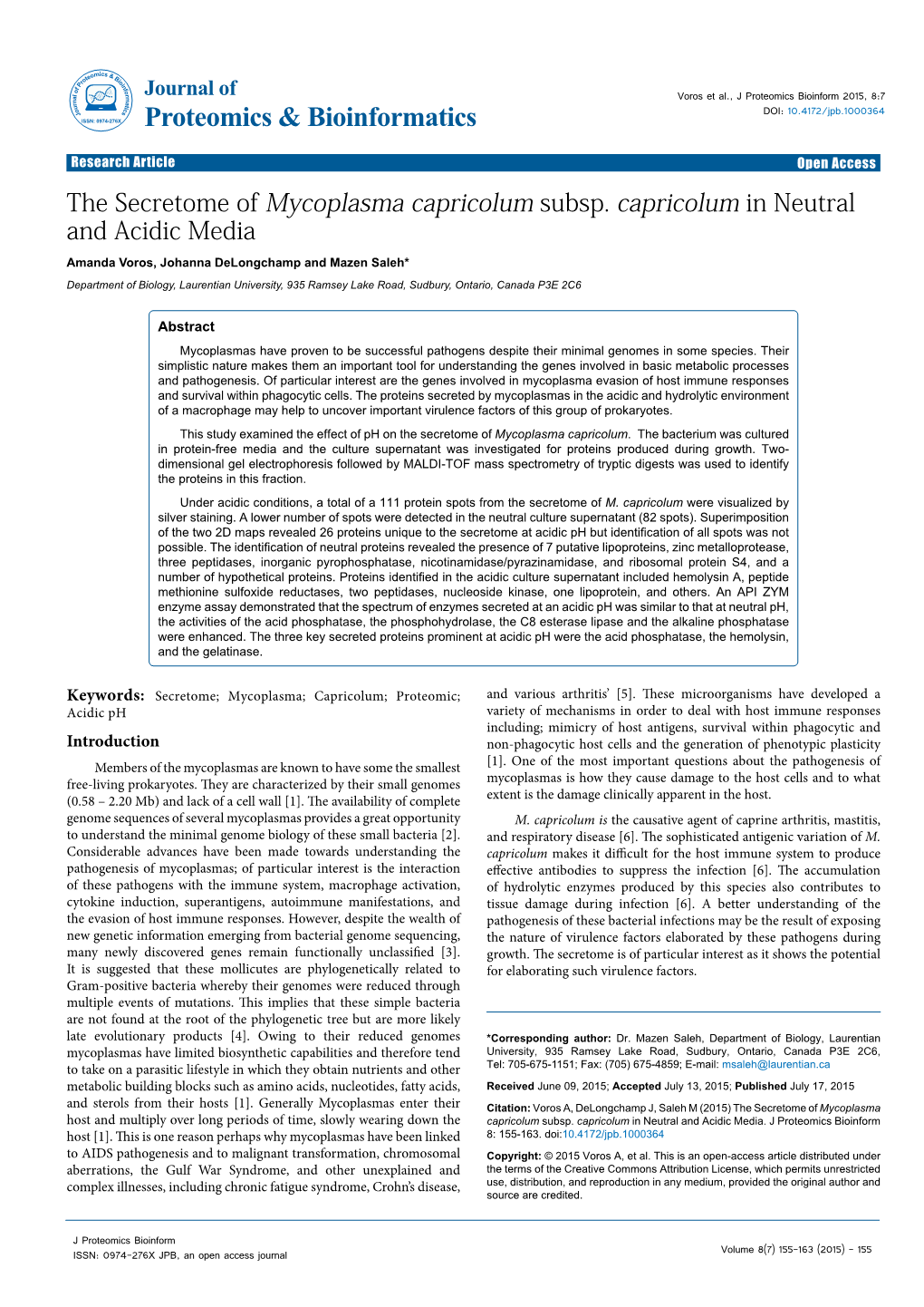 The Secretome of Mycoplasma Capricolum Subsp. Capricolum in Neutral and Acidic Media